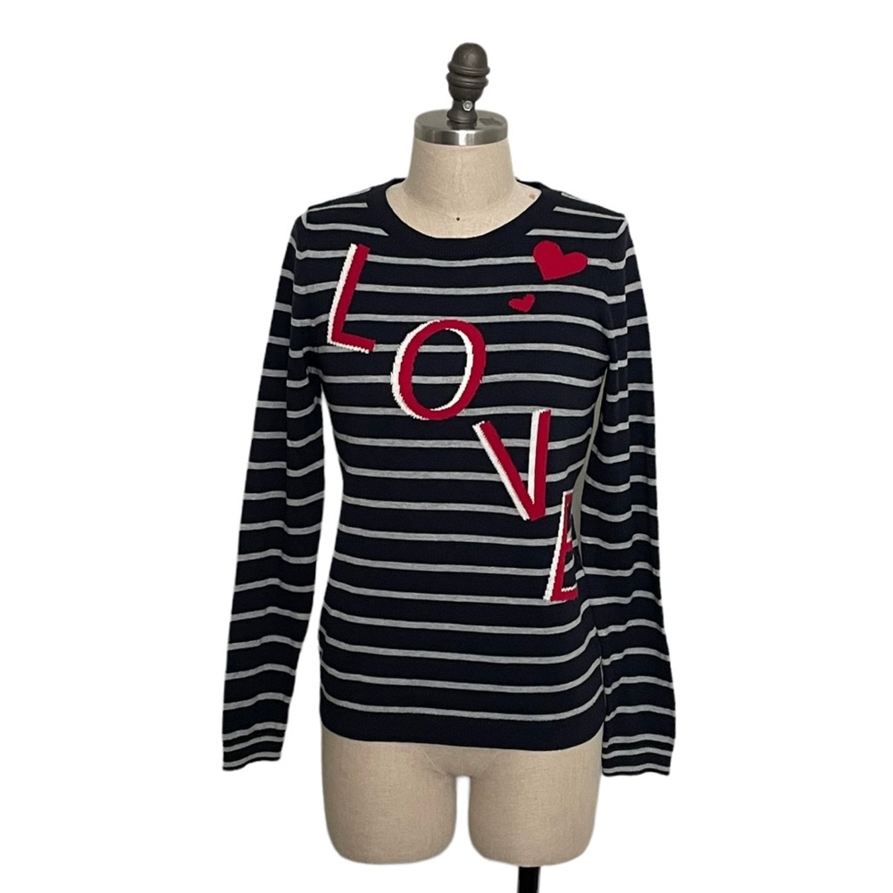 Talbots navy blue and gray striped sweater with heart detail Size XS